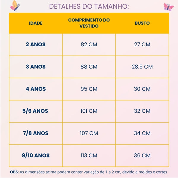 Tabela de medidas — Fantasia - A pequena Sereia - Ariel