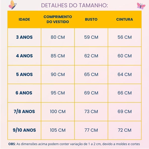 Tabela de medidas — Fantasia Branca de Neve  - Filme 2025 | Super Kids Fantasia