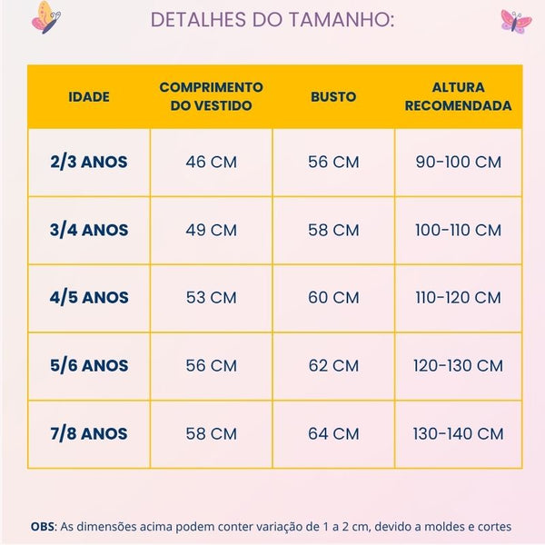 Tabela de medidas — Fantasia Mulher Maravilha - Linha Casual (Verão)