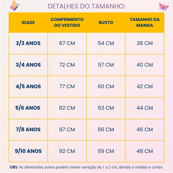 Tabela de medidas — Fantasia Elsa Frozen Infantil | Vestido de Festa de Coroação