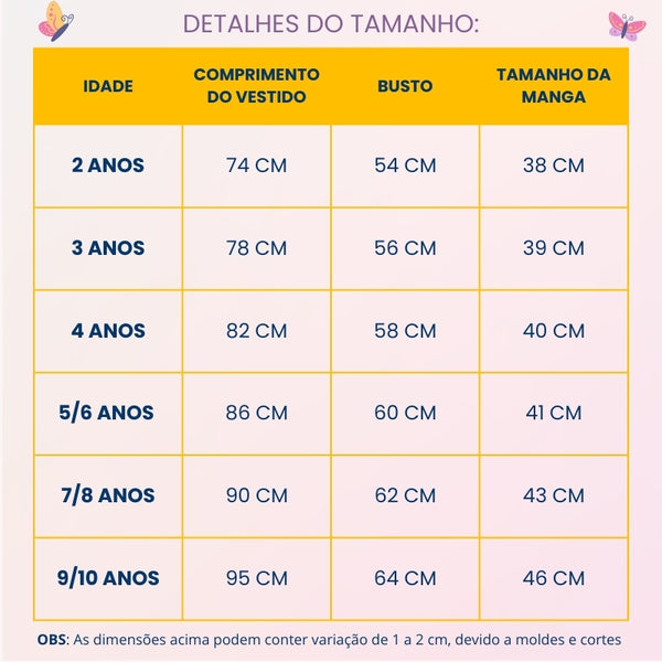Tabela de medidas — Fantasia Infantil Elsa Frozen (Luxo)