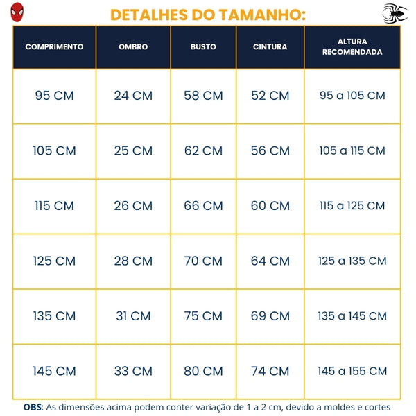 Tabela de medidas — Fantasia Infantil - Homem Aranha De Volta ao Lar