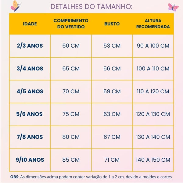 Tabela de medidas — Fantasia Moana Infantil - Filme 2024 | Super Kids
