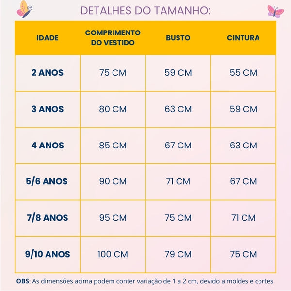 Tabela de medidas — Fantasia Infantil - Rapunzel (Filme Enrolados) + Kit completo